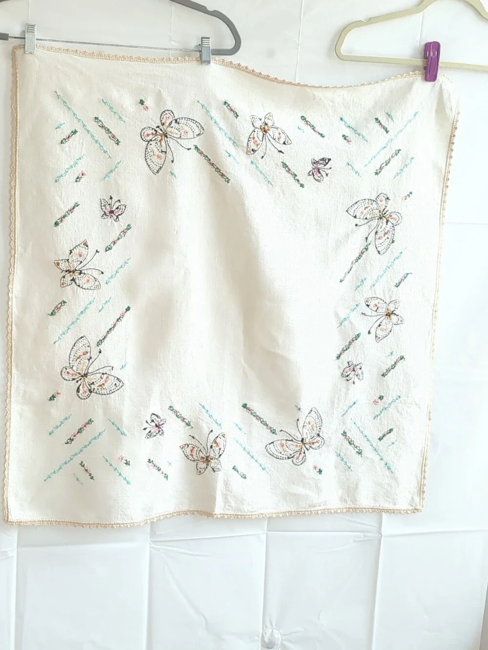 Vintage Handmade Table Covered w Embroidered Butterflies & Flowers 33